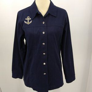 Quacker Factory Size Medium Jacket Blazer Blue Nautical Anchor Button Down